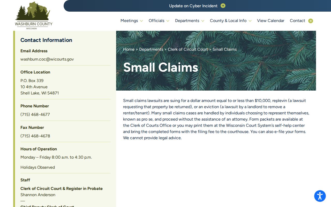 Washburn County small claims court case records