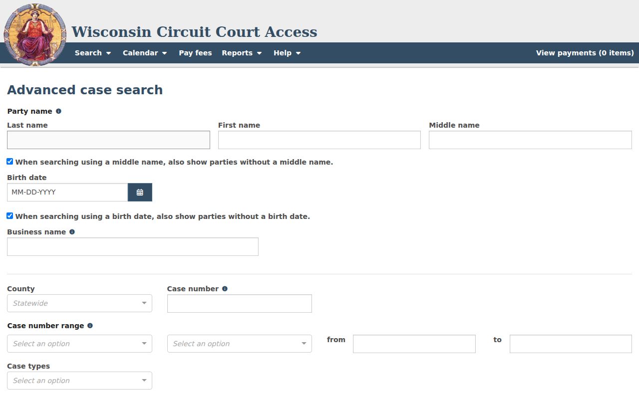 Washburn County docket advanced search filters