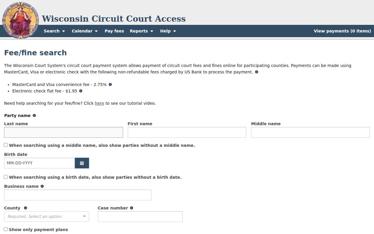 Washburn County court schedule fee and payment search screen
