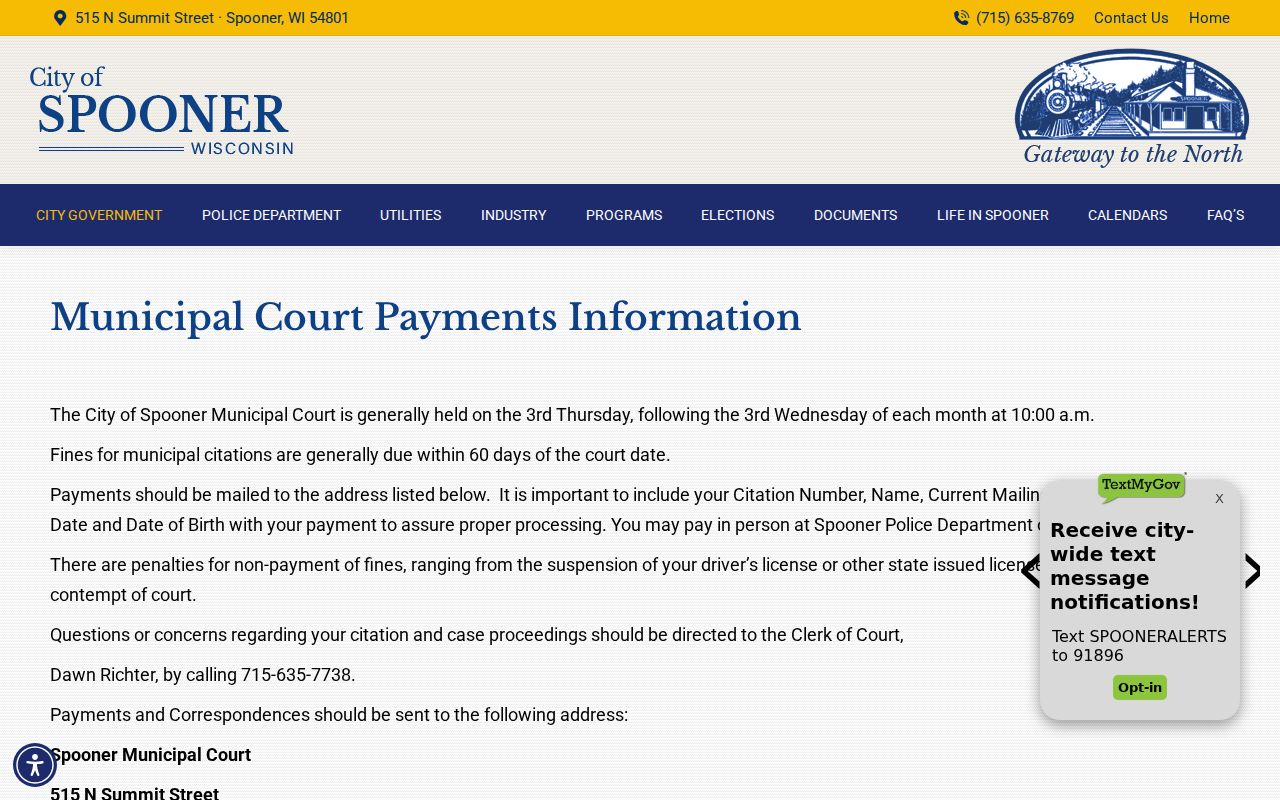 Spooner court records showing the official municipal schedule and payment information